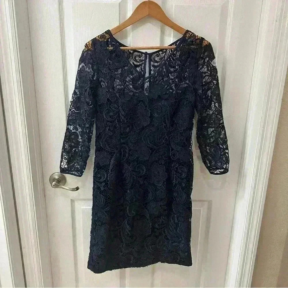 ADRIANNA PAPELL Evenings Formal 10 Navy Blue Lace Lined Sheath Dress 3/4 Sleeve - Picture 1 of 8